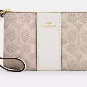 Coach Beige and Cream Corner Zip Wristlet
